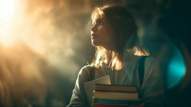 A young woman stands gracefully while holding a stack of colorful books, illuminated by soft, golden light. The warm glow enhances the cozy atmosphere, inviting exploration and dis