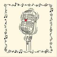 Doodle style illustration of a classic radio microphone with a heart, framed by musical notes and stars, representing a love for singing or podcasting