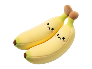 Two adorable plush bananas with sad faces on a black background