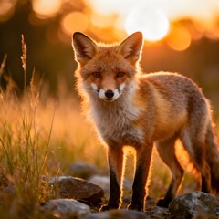 Fototapeta premium Red Fox Standing in Grass During Golden Hour