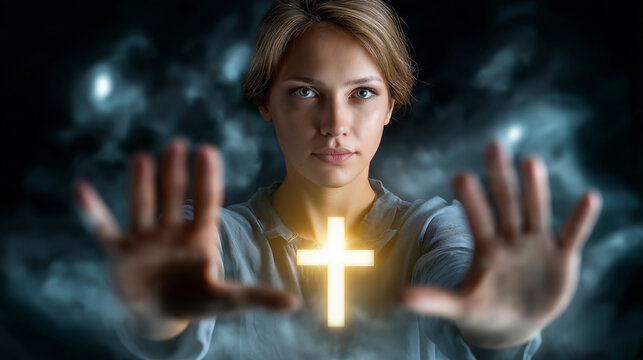 Woman holding cross, glowing illumination effect, dark smoke surrounding, Christianity concept display, fighting evil theme, faith darkness contrast, faceless hands visible, defocu