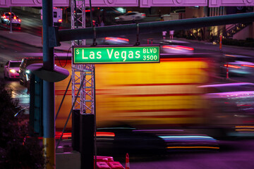 Las Vegas sign with colorful motion blur traffic