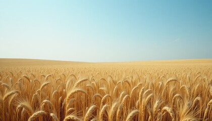 Wide wheat field under a clear blue sky and a low horizon for text space