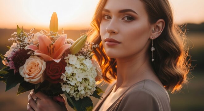 Woman with piercing and a bouquet of flowers at sunset. Beautiful caucasian female portrait for wedding, engagement, or special event.