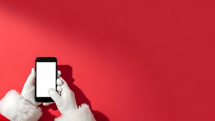 Santa's gloved hands holding a blank screen smartphone on red