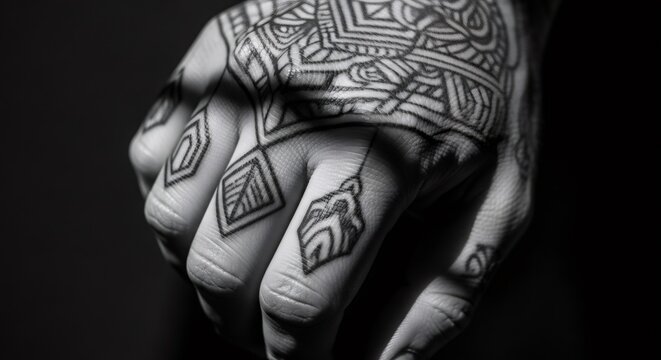 Woman hand with a geometric tattoo design on a dark background. Body art and self-expression concept. Black and white close-up.