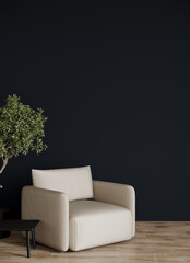 Livingroom or office in beige and black colors. Mockup empty dark room interior paint wall. Design in minimalist modern style. Rich armchair and deep background accent. Scene for art. 3d render 