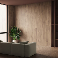 Accent loungeroom, living hall. olive green color sofa. Empty wood veneer wall for art or tv area in parquet wooden. Mockup modern premium interior design office or reception area. 3d render
