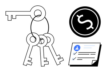 Keys on ring symbolize access and security, dollar sign for finance, document for authorization. Ideal for finance, security, key management, access control, savings, investment simple flat metaphor