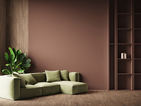 Modern stylish lounge living room with cozy olive  sofa. Accent wall paint background as mockup for artr. Trend mocha mousse brown color palette with sage furniture. Premium minimal scene. 3d render