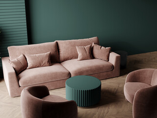 Living room in green emerald colors, brown mocha mousse furniture. Mockup room interior lounge. Design minimal trend style. Premium rich space, lobby, office, reception. Blank painted wall. 3d render