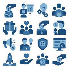 Fototapeta premium Icons for Business and Finance: A collection of meticulously crafted icons represents various aspects of finance and business. From contributions to idea sharing.