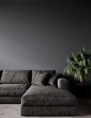  Accent living lounge room in dark colors - deep gray or black. Minimal empty painted wall background and premium cozy sofa. Blank wall for art. Contemporary interior design. 3d render