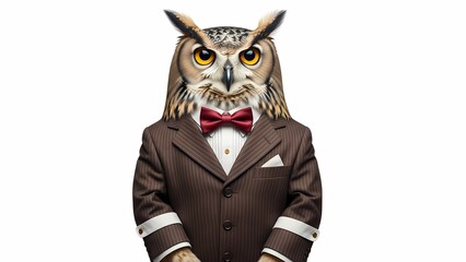 Wise and Scholarly Owl in a Brown Pinstripe Suit and Maroon Bow Tie - Concept of Education, Wisdom, and Financial Savvy