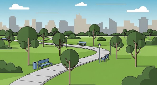 Illustration of tranquil park setting amidst urban cityscape backdrop