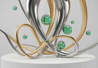 Modern abstract decoration with green baubles and metallic flourishes