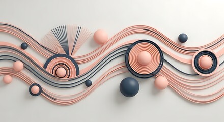 Modern Abstract Pink and Navy Waves and Spheres on a White Background