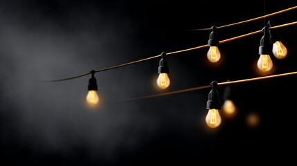 Warm vintage edison bulbs strung overhead cast a cozy, golden glow against a dark background, perfect for intimate outdoor evenings, weddings, patios, and festive gatherings