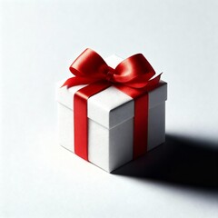 Obraz premium White gift box on white background, tied with a red ribbon and bow.