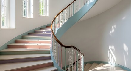 Pastel Hued Spiral Staircase with Natural Light Streaming Through Windows