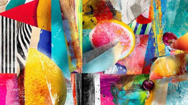 Abstract mixed-media collage of grapefruit, lemon and cherry slices with bold paint strokes, geometric patterns and layered textures for a vibrant, modern background