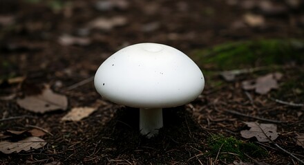 Solitary white mushroom stands out among forest floor debris