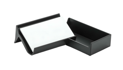 White cards in a black desktop holder, with a box component