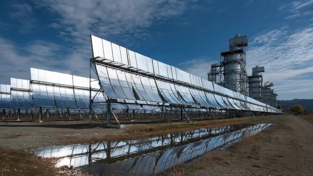 Medium shot of a hybrid solar furnace combining concentrated solar power and photovoltaic technology to maximize heating performance for materials