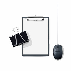 Office supplies with clipboard binder clip and computer mouse.