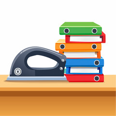 Office supplies with hole puncher and colorful binders on a desk.