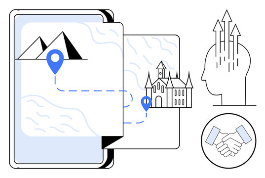 Navigation concept. Navigation with map, landmarks, and location pins. Navigation as digital exploration, goal setting, and planning journeys for business or personal projects. Travel, technology