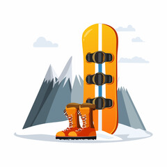 Snowboard and boots in a snowy mountain landscape.