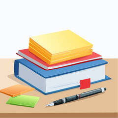 Stack of books with pen and sticky notes on a desk.