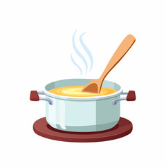 Steaming pot of hot soup with a wooden spoon.