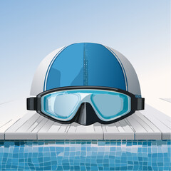 Swimming Goggles and Cap at the Poolside.