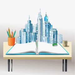 Urban cityscape popup book on a writers desk.