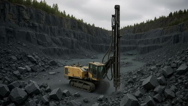 Heavy-duty crawler drill rig operates in a stone quarry. Mineral resource extraction and aggregate production process. Wide shot.
