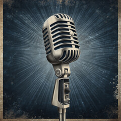 Classic chrome retro microphone illuminated with dramatic blue stage light

