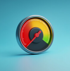 Color-coded speedometer pointing to red zone on soft blue background
