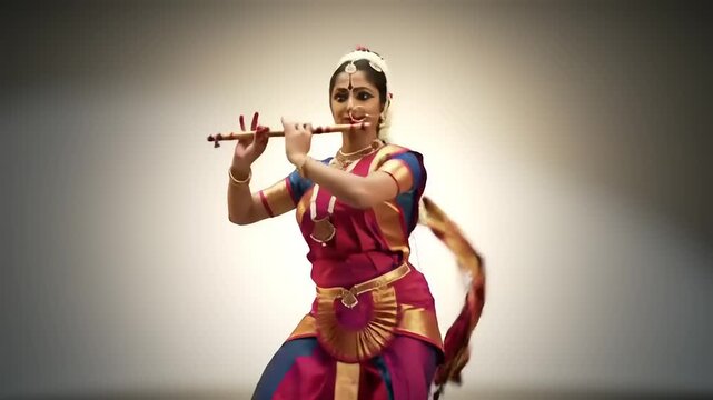 Indian Dancer Plays Flute with Traditional Dress.