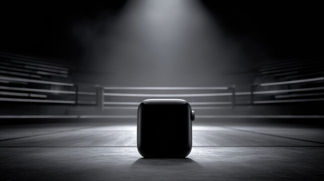 Smartwatch Display on Podium With Blurred Gym Locker Room Background and Dramatic Lighting Effects
