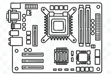 Detailed Line Art of a Computer Motherboard Diagram