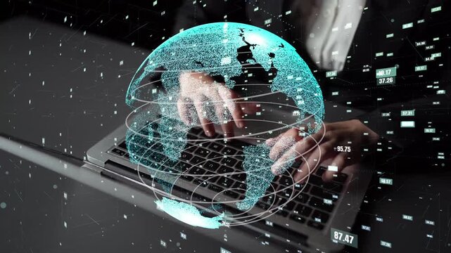 A captivating concept showcasing hands typing on a laptop, surrounded by global data visualizations. Ideal for themes of technology, communication, and digital innovation. Xenic