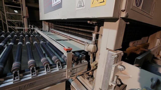 The process of making ceramic tiles. Ceramic tile manufacturing plant. A production line or conveyor belt at a ceramic and porcelain tile factory. Roller conveyor system in a ceramic tile factory.