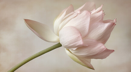 Single pale lotus bud against textured pastel background in soft light
