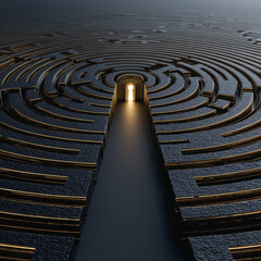 Dark circular maze leading to glowing keyhole symbolizing solution concept
