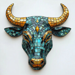 Bull head sculpture in geometric mosaic style with teal and gold accents

