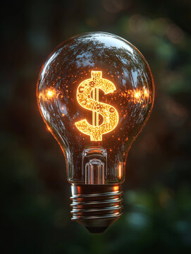 Glowing dollar sign filament inside vintage light bulb symbolizing financial ideas  
