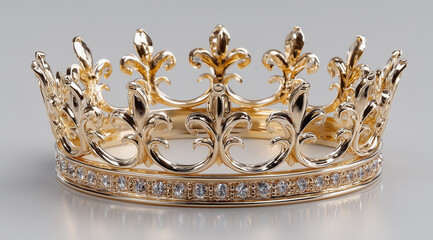 Elegant golden crown with diamonds on reflective white background
