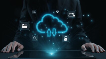 A modern representation of cloud technology featuring holographic icons and a tablet. The image showcases data management, upload, and download processes in a digital workspace. Qubit - Powered by Adobe